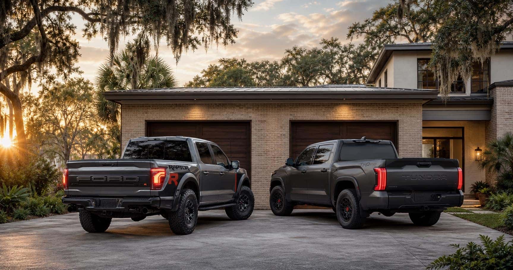 Gray Ford F‑150 Raptor and gray Toyota Tundra parked side by side in driveway at sunset in front of brick home highlighting rear styling and design differences.