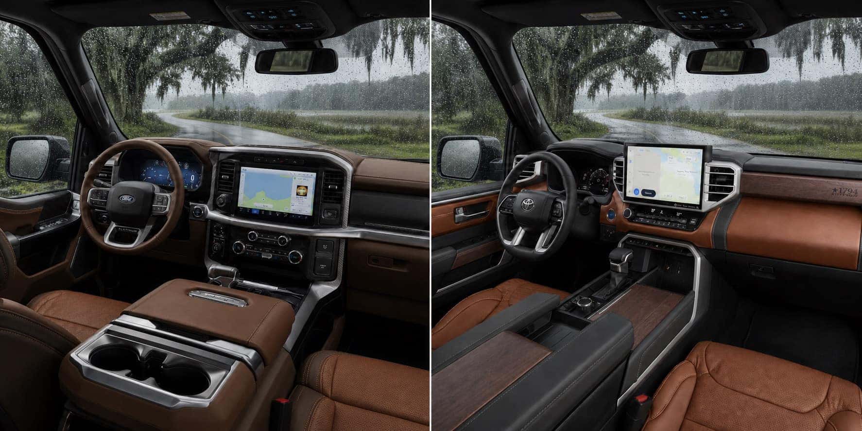 Side by side view of Ford F‑150 and Toyota Tundra cabins showing dashboard layouts touchscreen displays and steering wheel designs with rain outside.