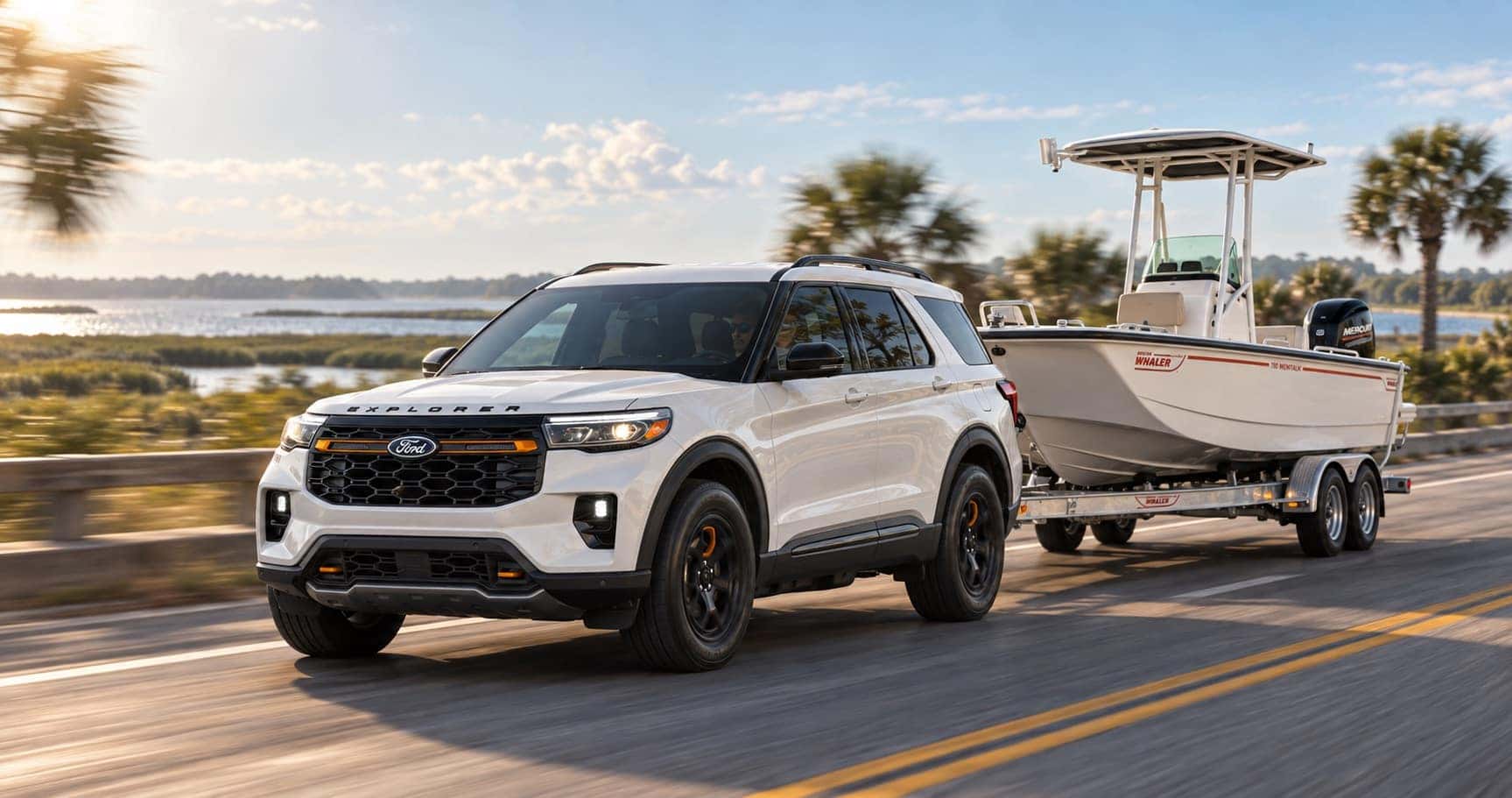 2027 Ford Explorer Tremor towing a Boston Whaler boat in Savannah, GA