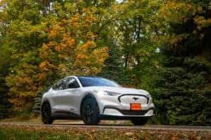 white Mustang Mach-E with fall trees in backgroun