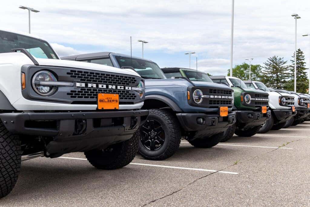 line-up of Broncos on Jeff Belzer's New Prague Ford lot
