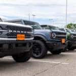 line-up of Broncos on Jeff Belzer's New Prague Ford lot