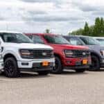 lineup of Ford trucks on New Prague Ford lot