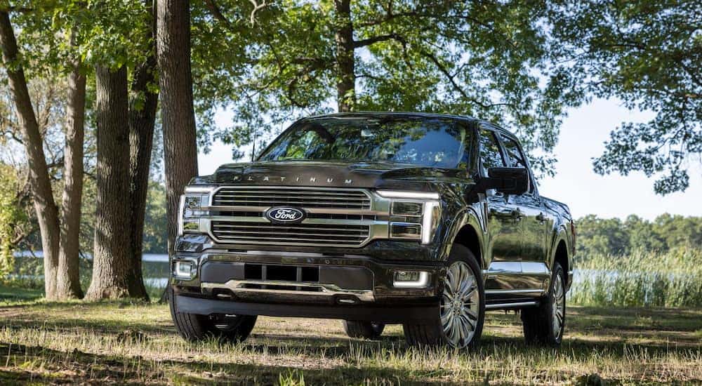 A grey 2024 Ford F-150 Platinum PowerBoost is shown from the front at an angle.