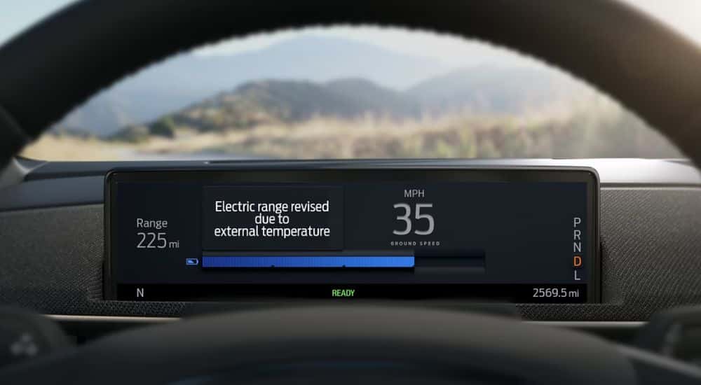 Close-up of the Intelligent Range screen in a 2025 Ford Mustang Mach-E.