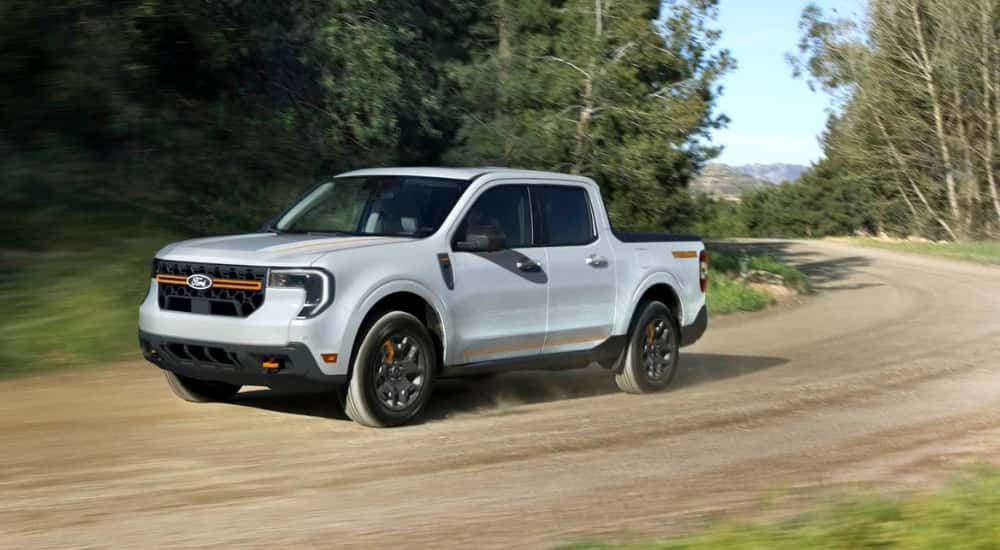 A white 2025 Ford Maverick Tremor is shown from the front at an angle.