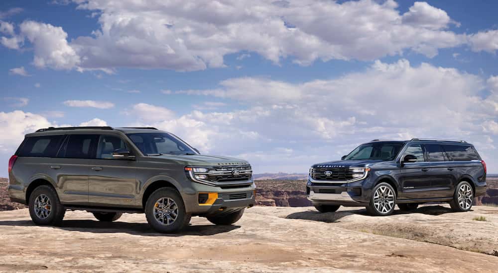 A green 2025 Ford Expedition Tremor and blue 2025 Ford Expedition Platinum parked off-road.