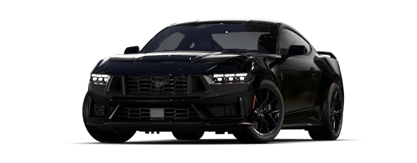 A black 2025 Ford Mustang Dark Horse Premium angled left.