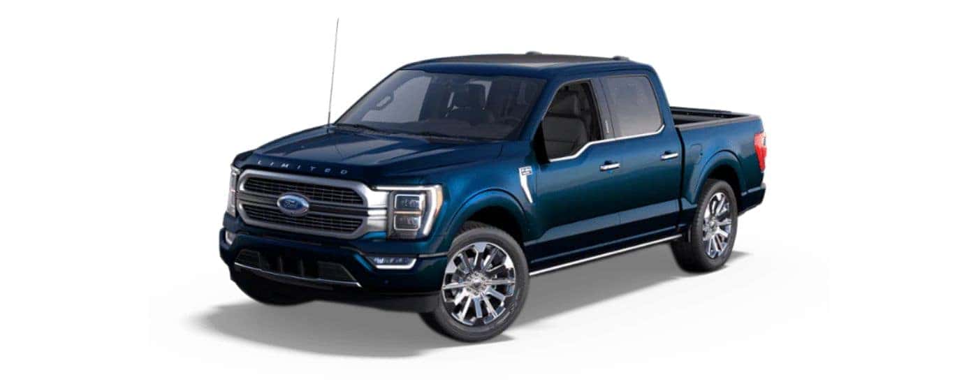 A blue 2023 Ford F-150 Limited angled left.