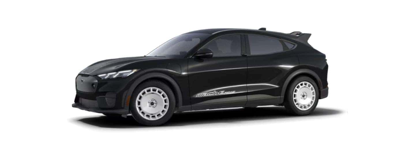A black 2024 Ford Mustang Mach-E Rally angled left.