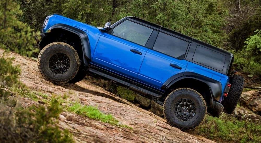 A blue 2025 Ford Bronco off-roading on a trail