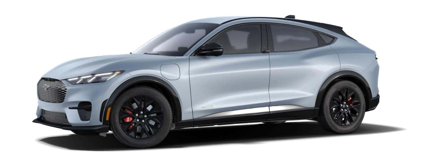 A grey 2025 Ford Mustang Mach-E Premium is angled left.