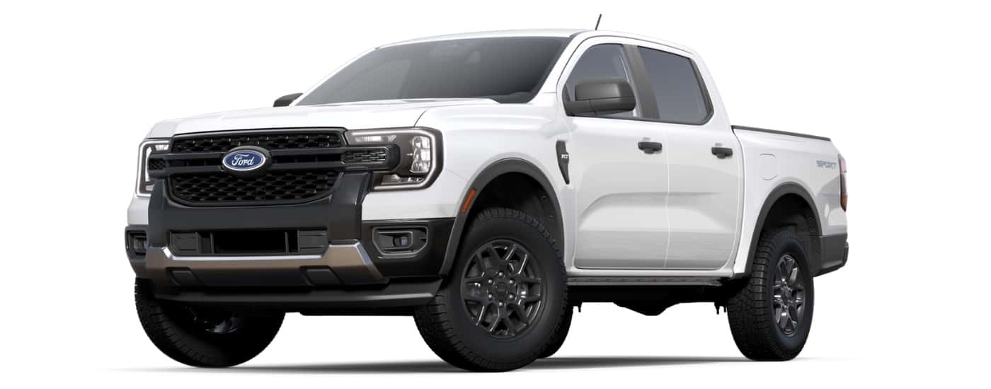 A white 2025 Ford Ranger XLT angled left.