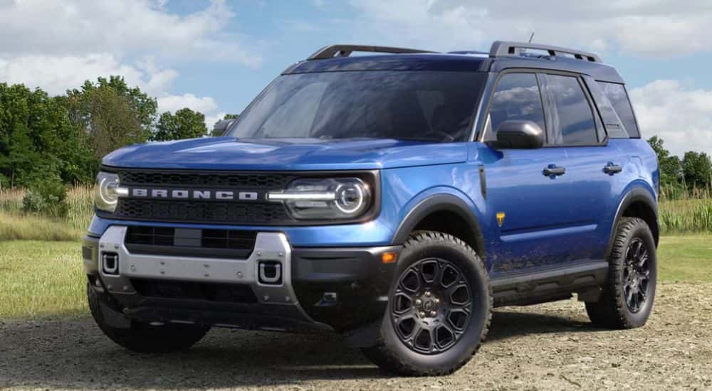 Blue 2026 Ford Bronco parked in a field