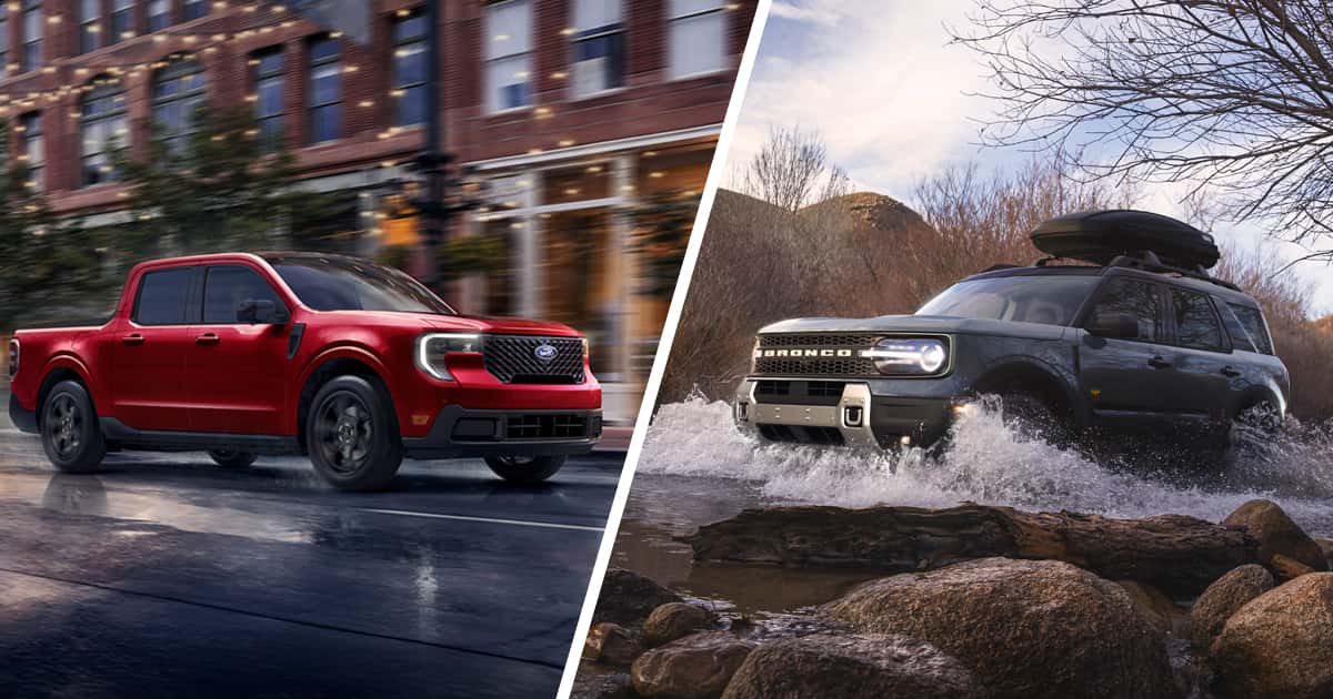 A red Ford Maverick and a dark grey Ford Bronco Sport