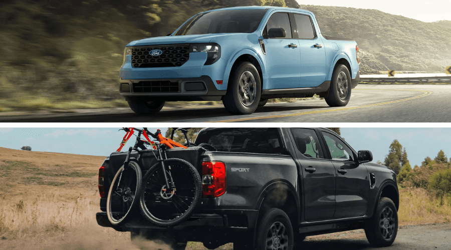 Blue Ford Maverick on top, black Ford Ranger on the bottom