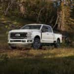 A white 2024 Ford F-350 Super Duty is parked in grass near a hill.