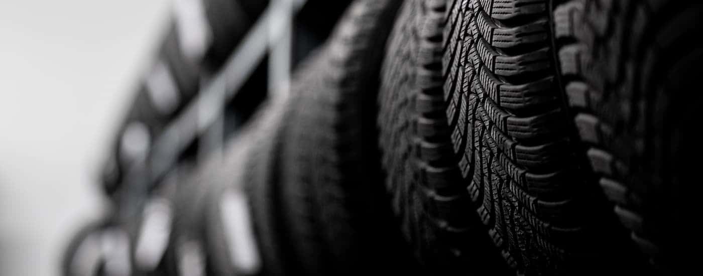 A rack of tires at a tire shop near Conyers.