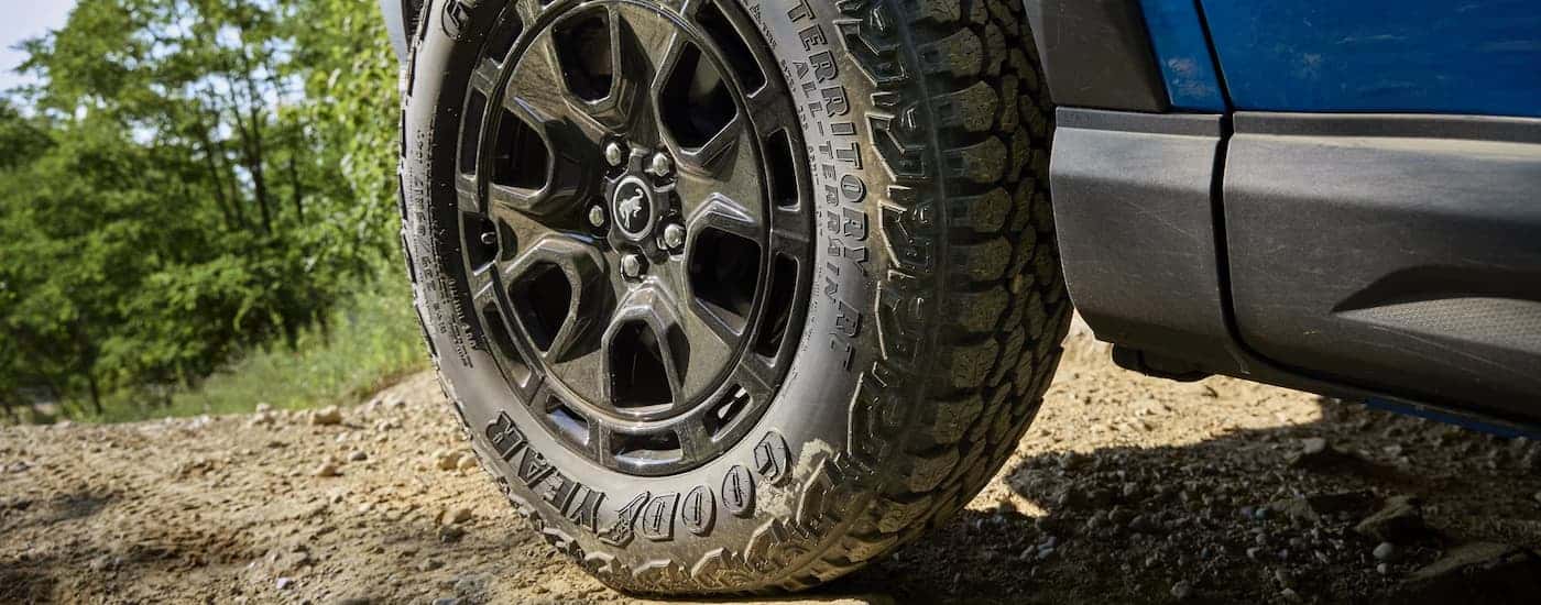 Close-up of a tire with rim on a 2025 Ford Bronco Sport for sale near Lawrenceville