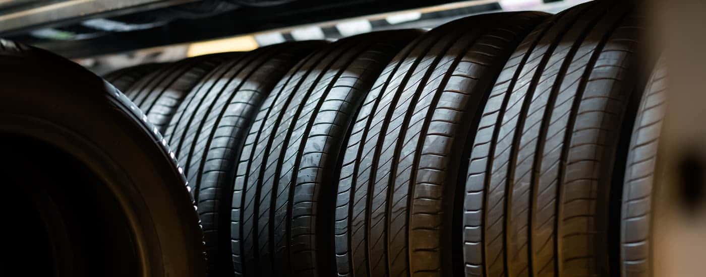 A row of tires at a tire shop near Stone Mountain