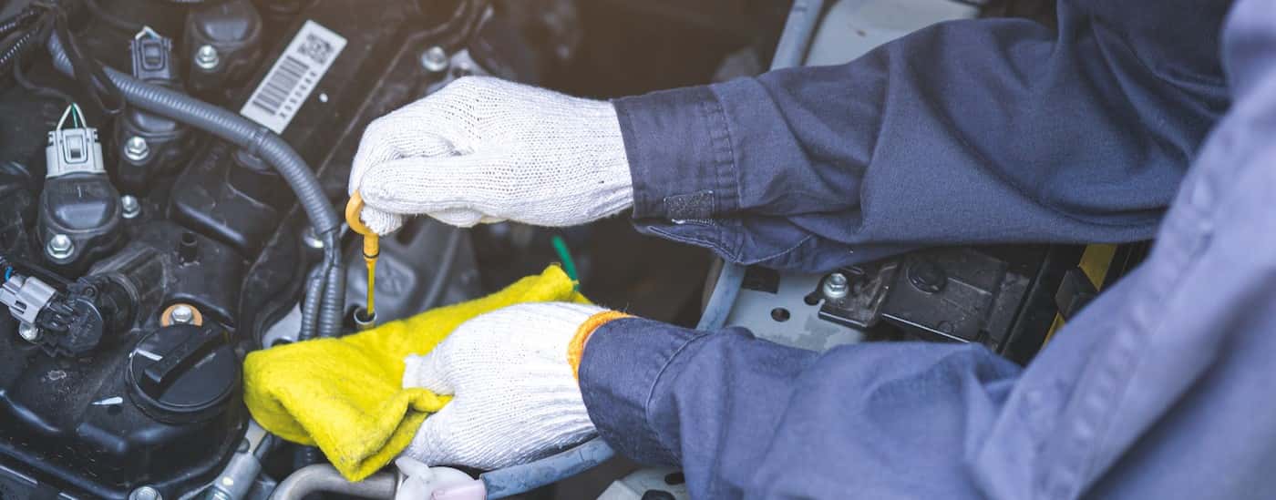 A technician checking a dipstick.