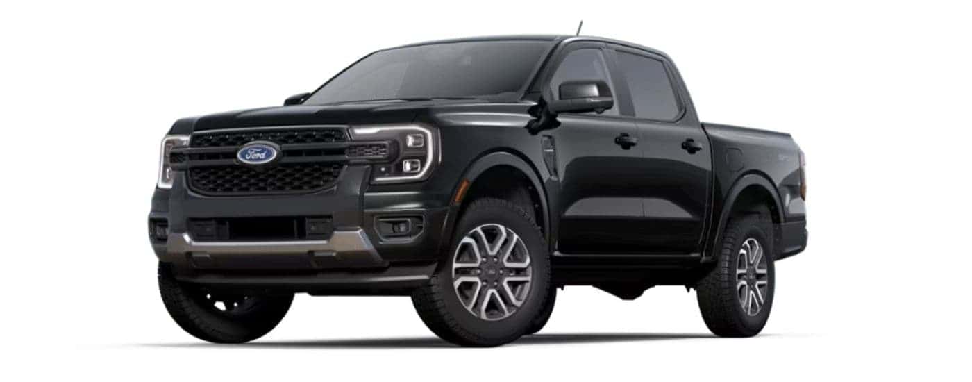 A black 2024 Ford Ranger Lariat angled left.