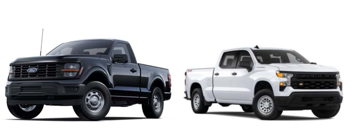 A black 2025 Ford F-150 vs a white 2025 Chevy Silverado 1500.