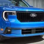 Close-up of the front end on a blue 2025 Ford Maverick Lobo for sale near Lawrenceville.