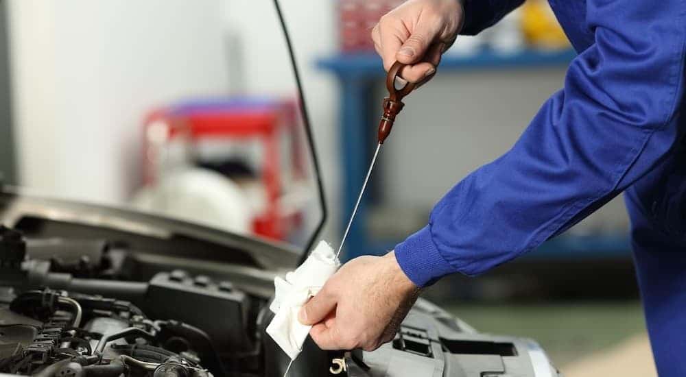 A technician checking a dipstick.