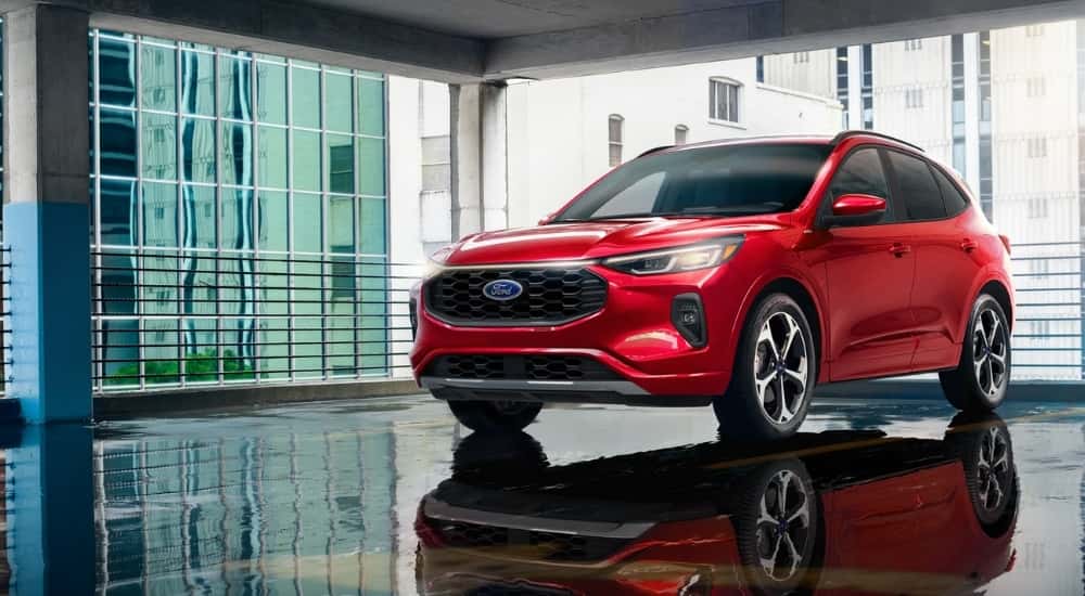 Red 2025 Ford Escape ST-Line in a parking garage