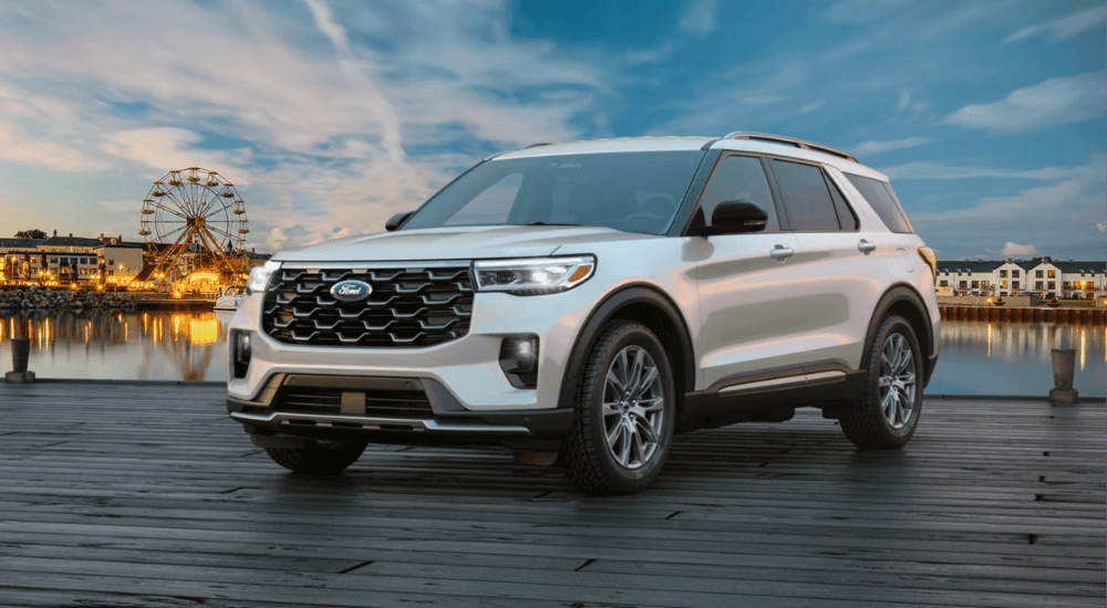 White 2026 Ford Explorer parked on a pier