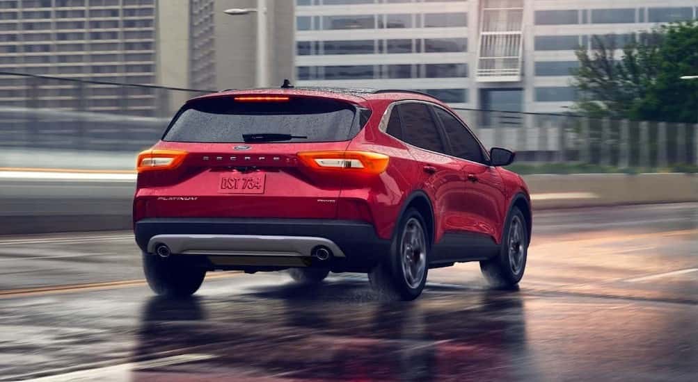 A red 2026 Ford Escape driving on a rainy day.