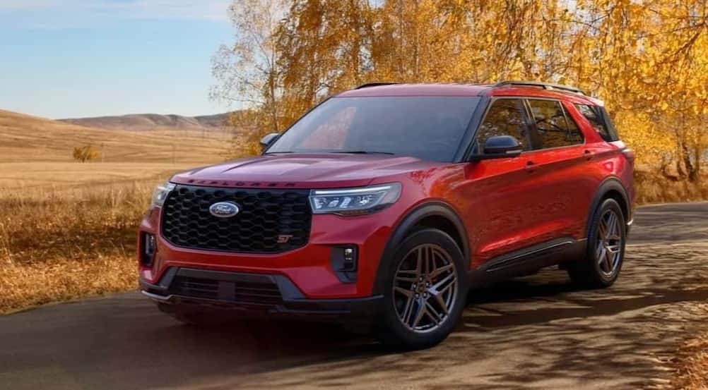 A red 2026 Ford Explorer parked outdoors.