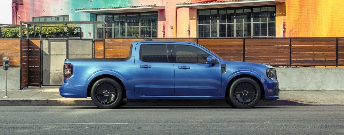 Blue 2025 Ford Maverick Lobo parked in a city