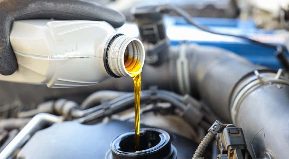 White oil can being poured into an engine.