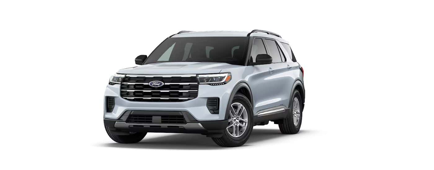 A white metallic 2026 Ford Explorer angled left on a white background. 