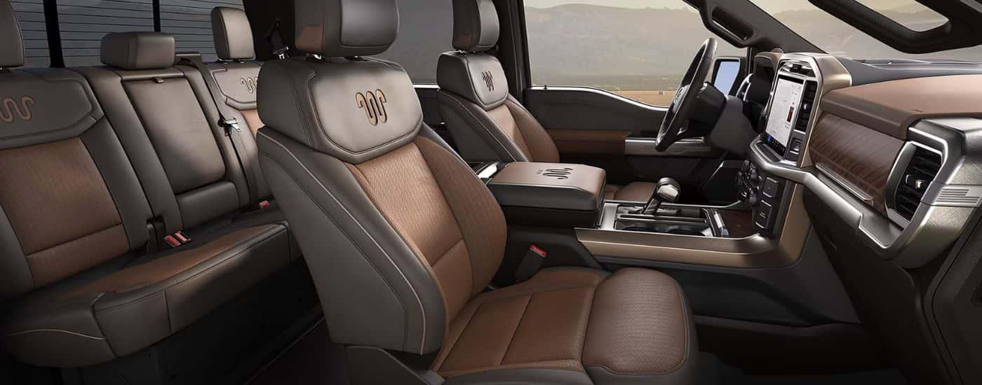 The brown leather interior of a 2026 Ford F-150.