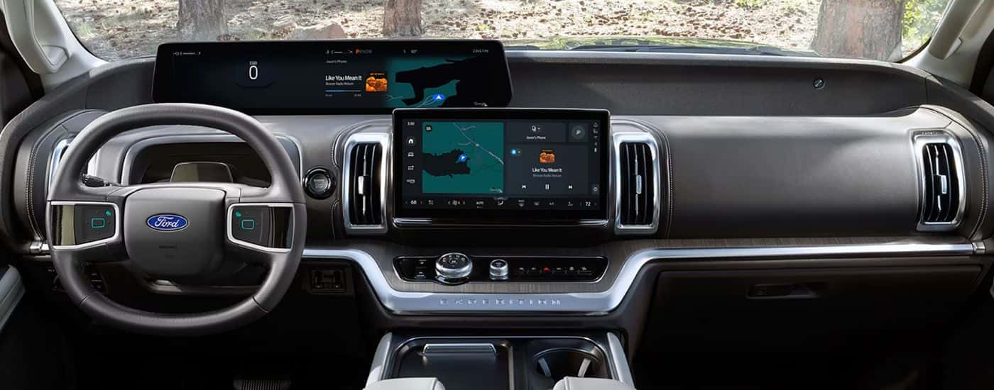 Infotainment display and steering wheel in a 2027 Ford Expedition.