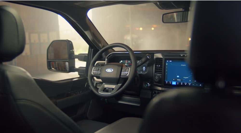 The steering wheel and infotainment display on a 2026 Ford F-250.