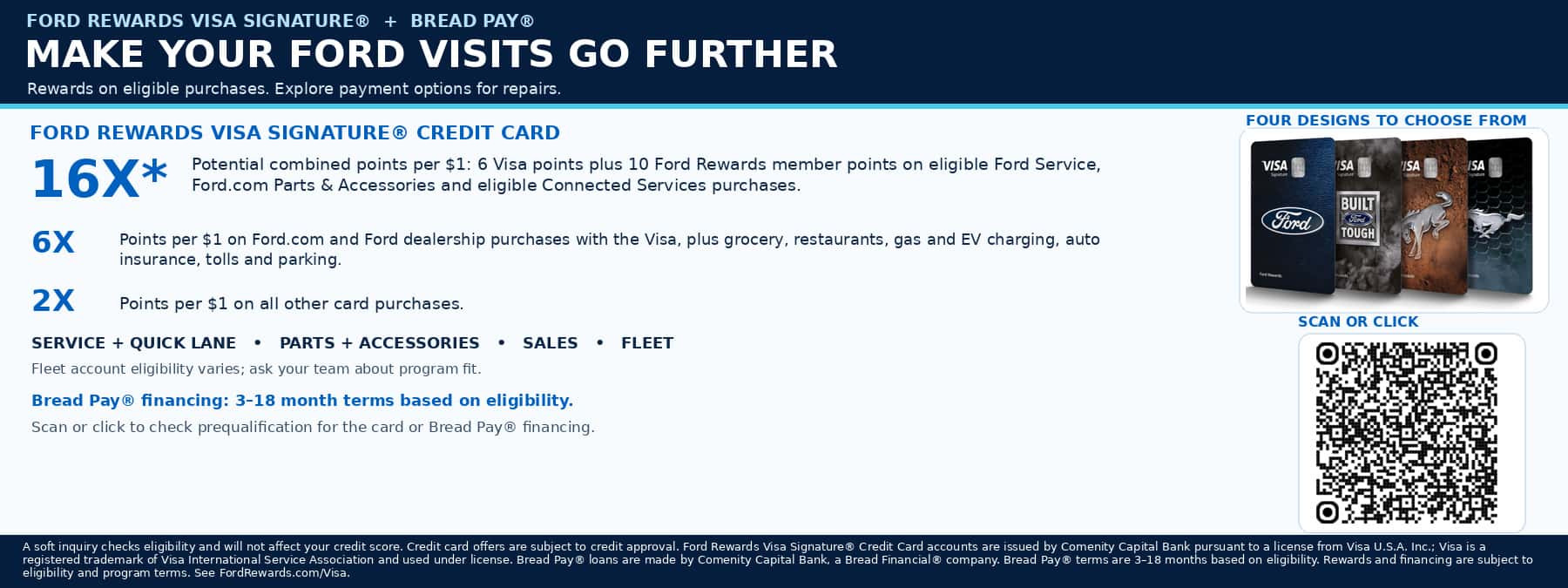 Ford Rewards Visa Signature® and Bread Pay® banner with four card designs, rewards earning tiers, and a QR code to check eligibility.