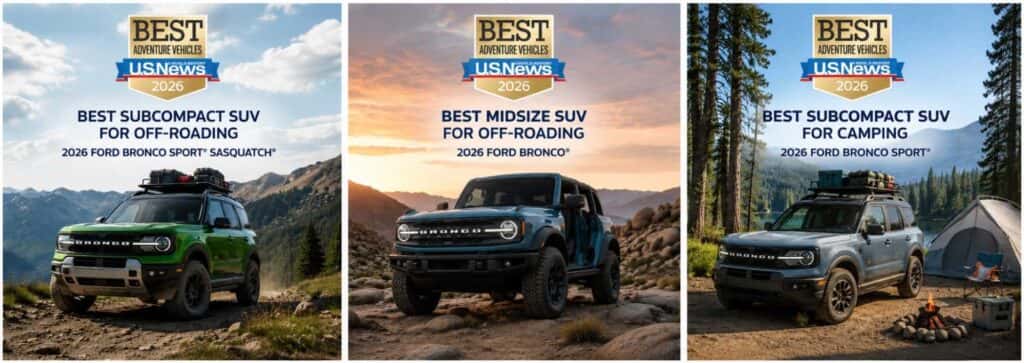 “Award-winning 2026 Ford Bronco Sport Sasquatch tackling rugged terrain — named Best Subcompact SUV for Off-Roading by U.S. News.”