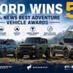 Ford Bronco Sport, Bronco, and F-150 celebrating five U.S. News Best Adventure Vehicle Awards.