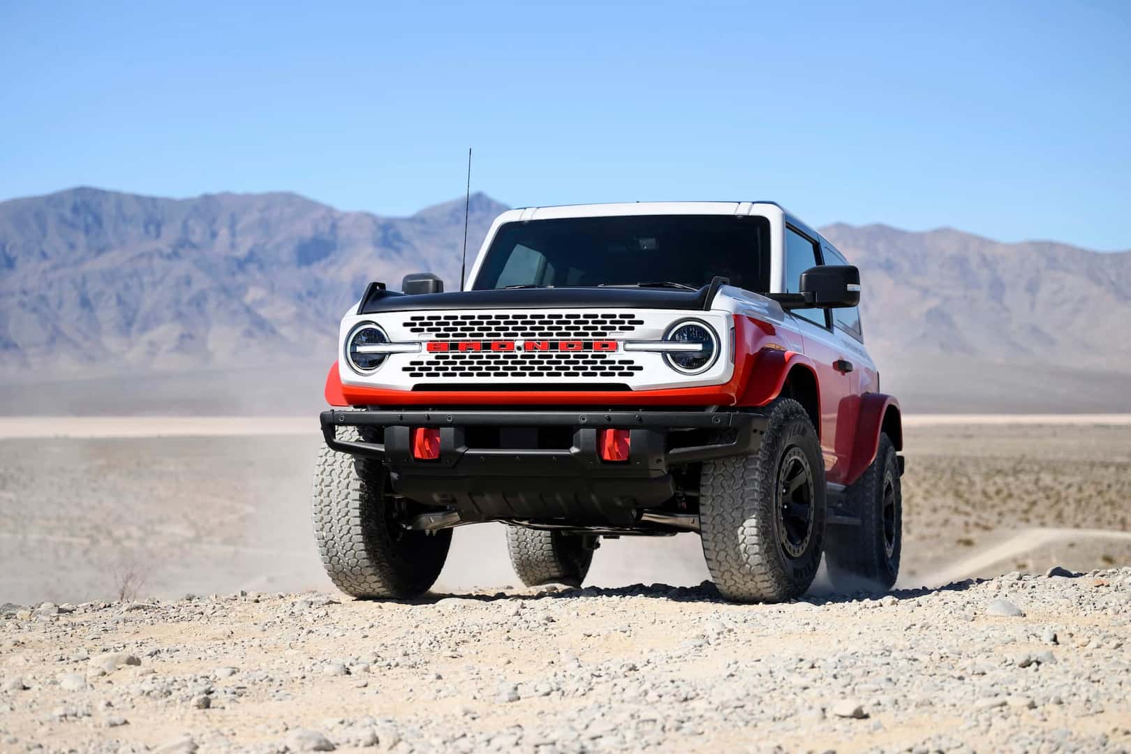 front view of the 2025 bronco stroppe special edition on a canyon road