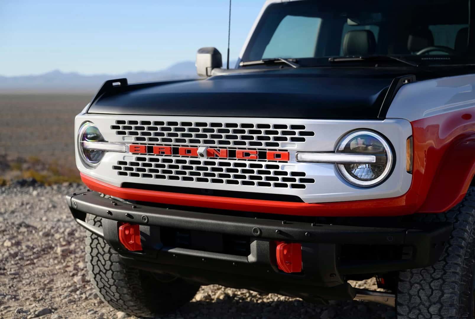 grille view of the 2025 bronco stroppe special edition on a canyon road
