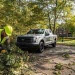 a ford f-150 pick up truck parked on land while landscapers works