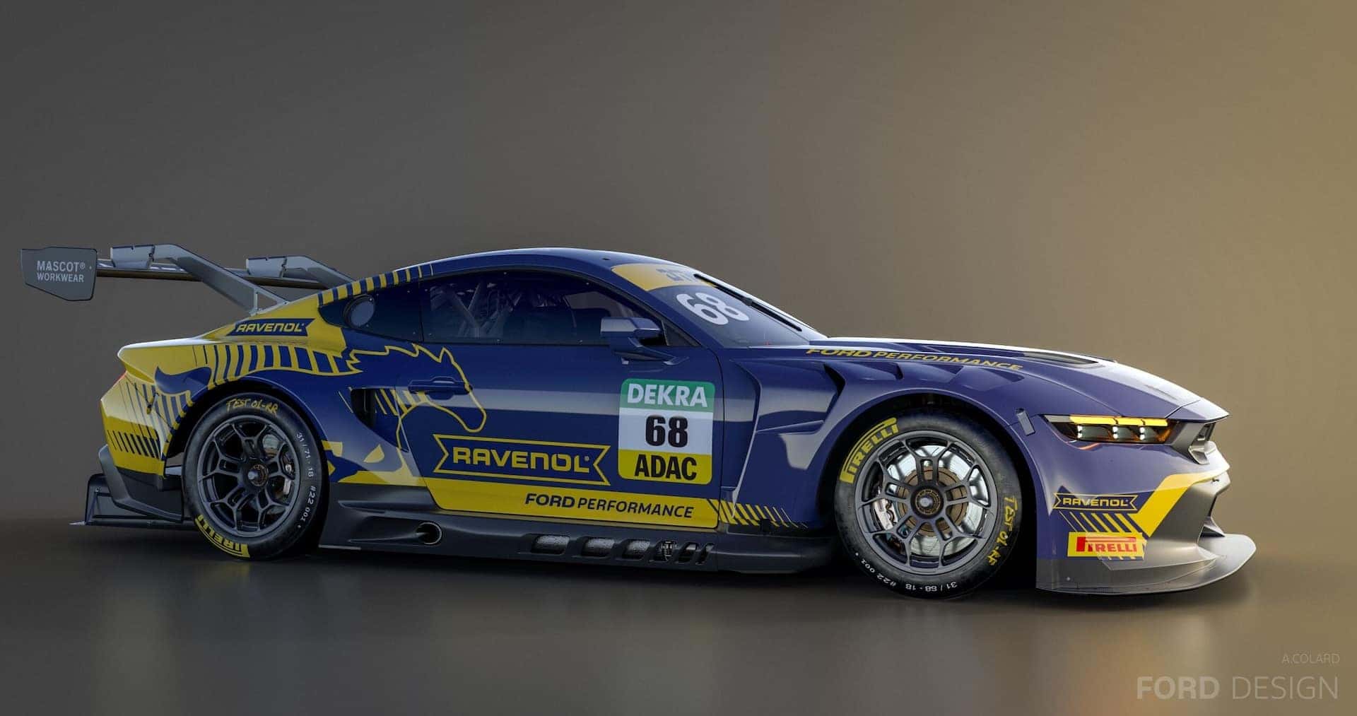 a blue and yellow Mustang GT3 DTM vehicle