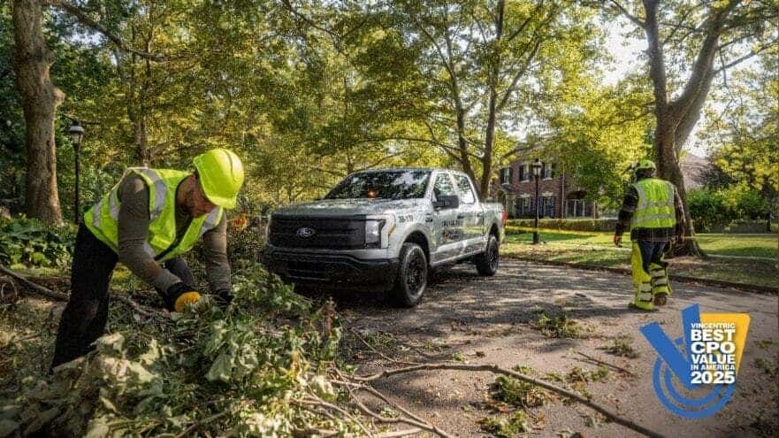 a ford f-150 pick up truck parked on land while landscapers works