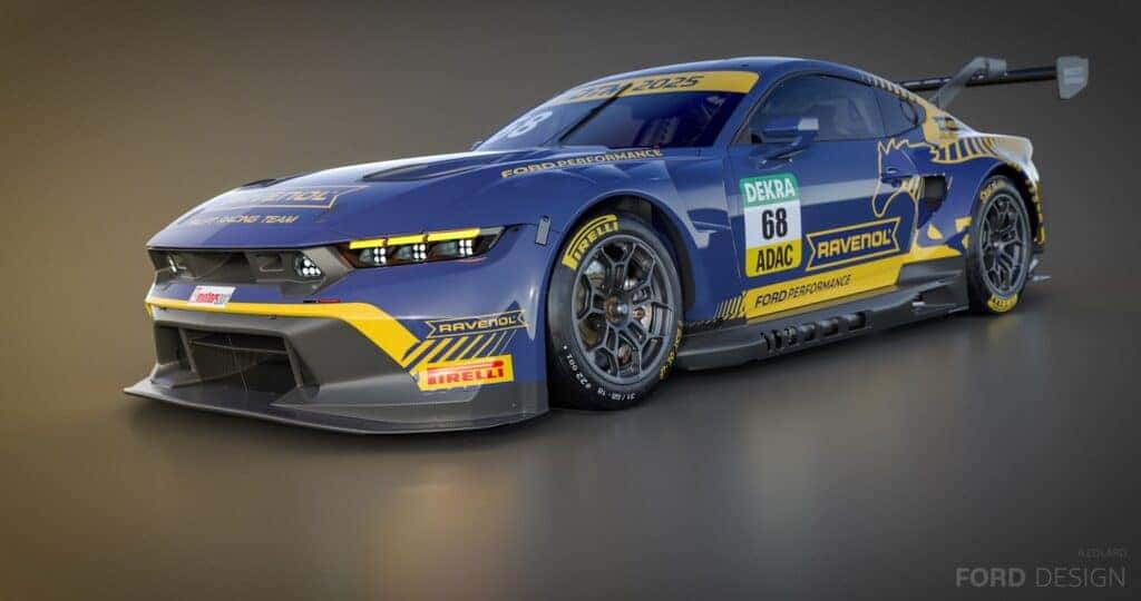 a blue and yellow Mustang GT3 DTM vehicle