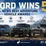 Ford’s award-winning Bronco Sport, Bronco, and F-150 showcase the capability and versatility that earned five U.S. News Best Adventure Vehicle Awards.