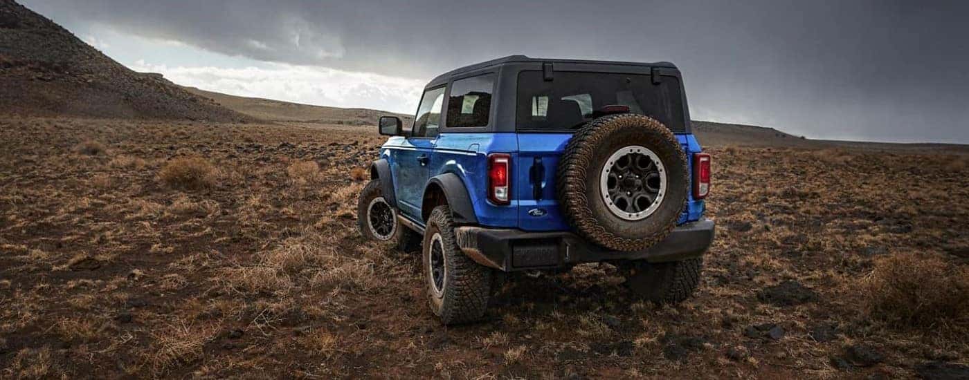 Rear angle view of a blue 2023 Ford Bronco Black Diamond.